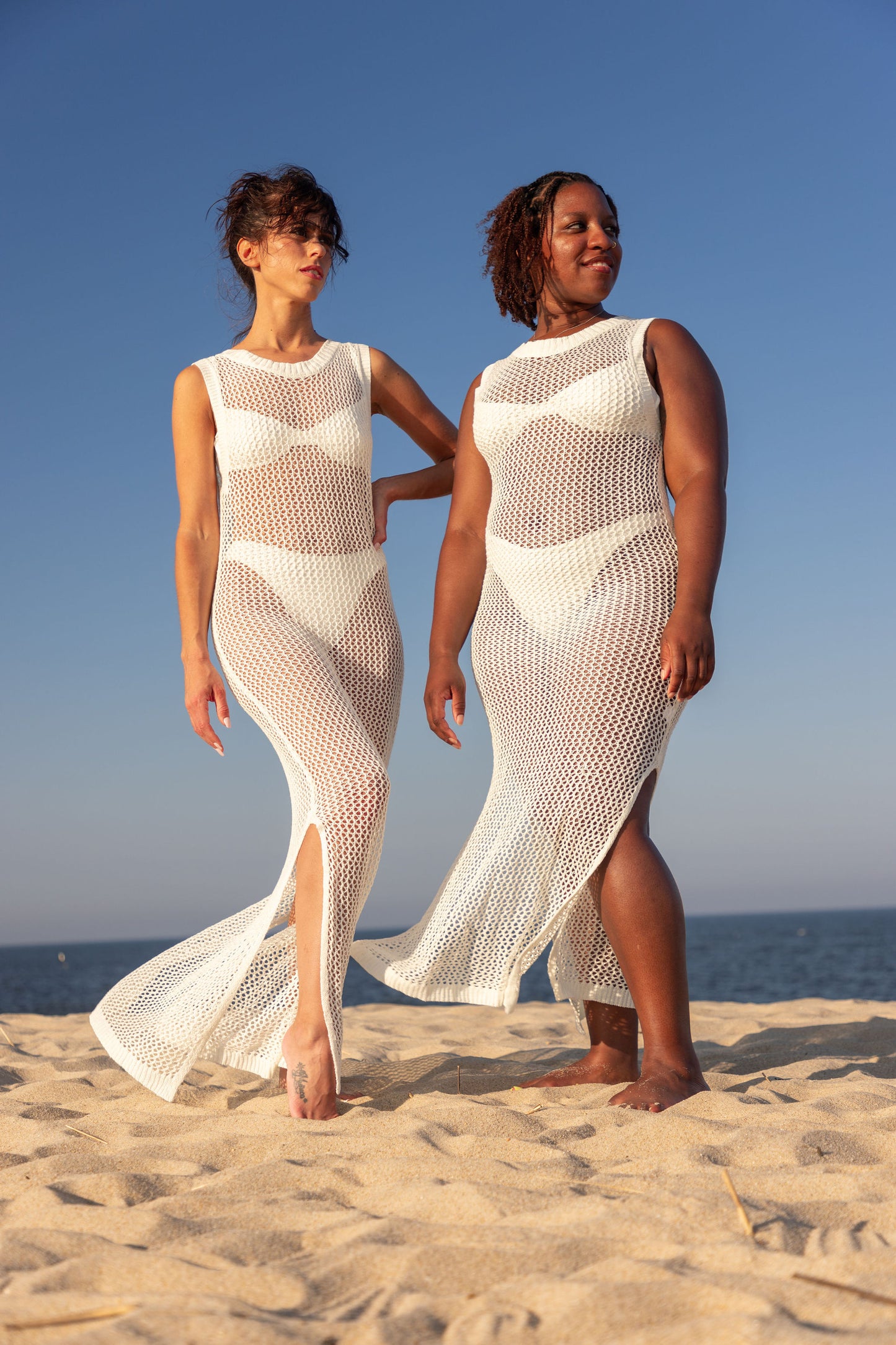 Ivory white Open-knit crochet cover-up dress mid length open back