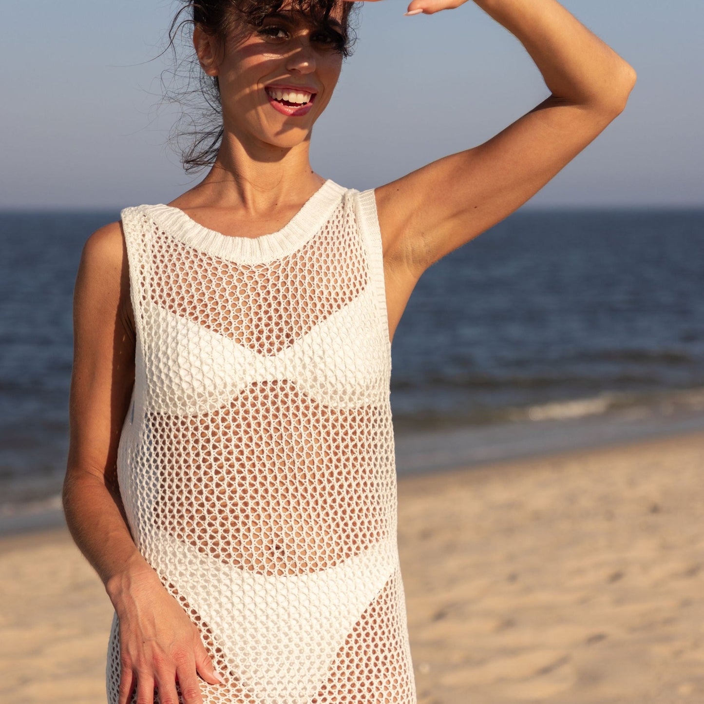 Ivory white Open-knit crochet cover-up dress mid length open back