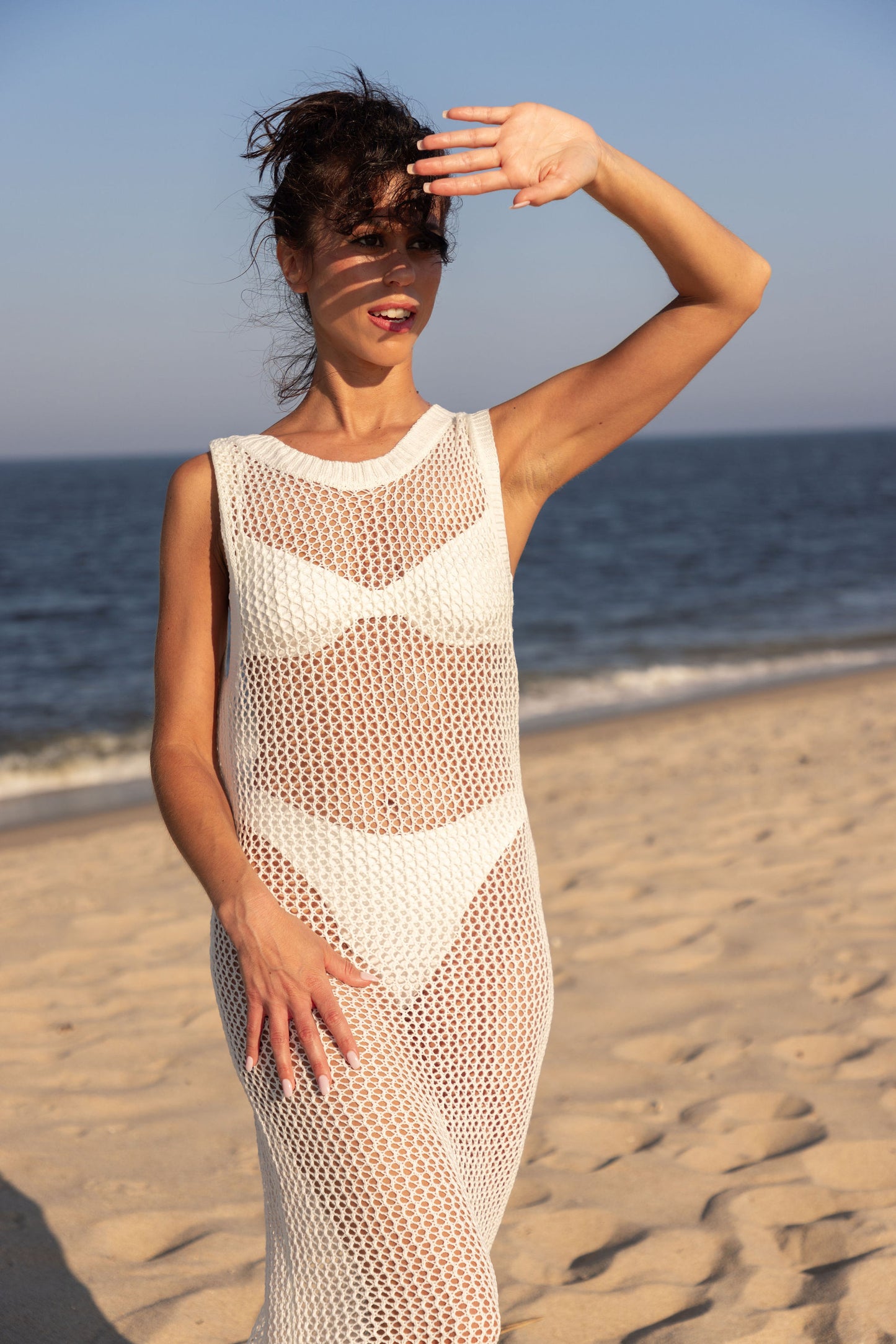 Ivory white Open-knit crochet cover-up dress mid length open back