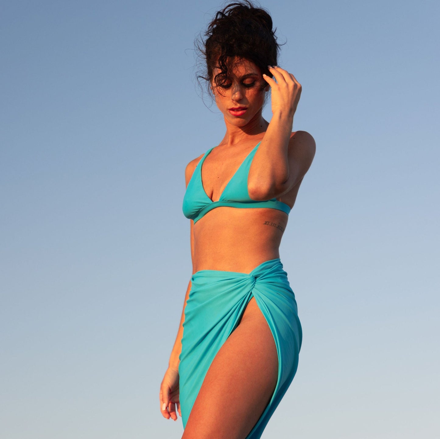 Turquoise sky blue long mid length twist cover-up skirt