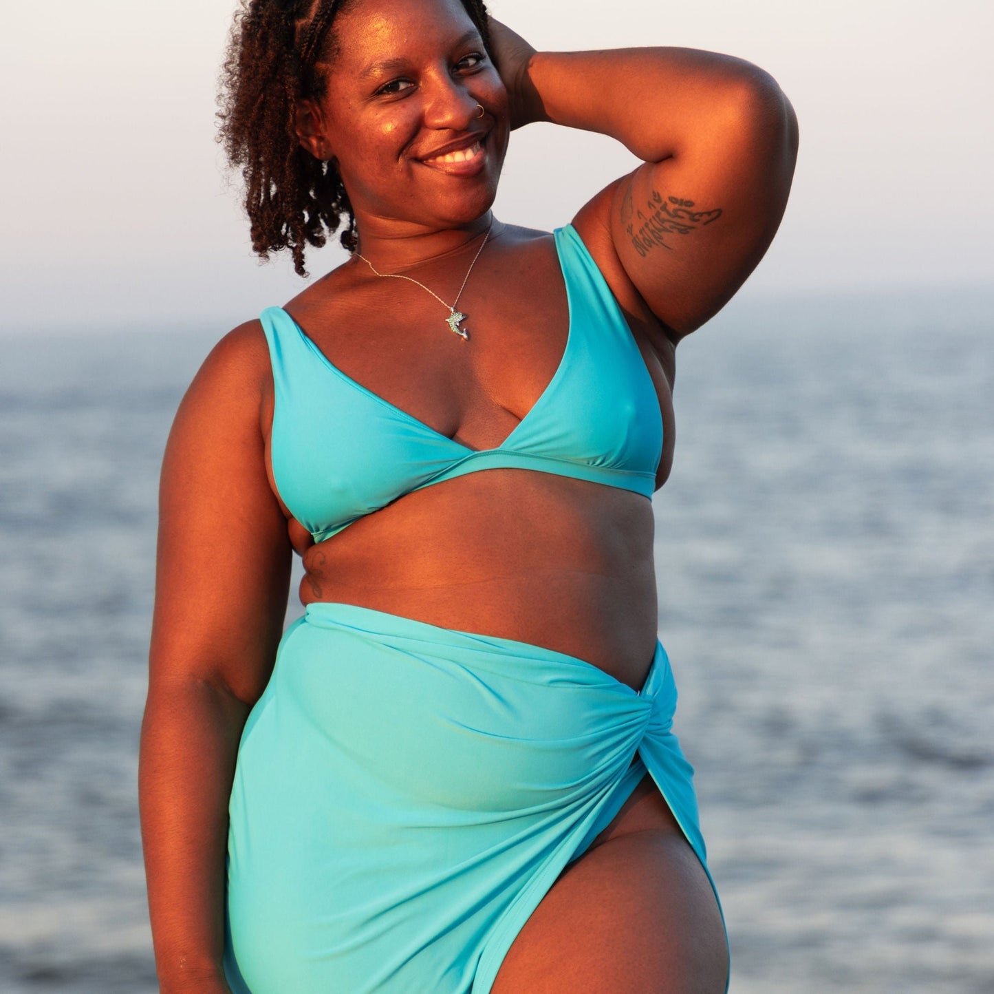 Turquoise sky blue long mid length twist cover-up skirt