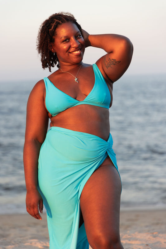 Turquoise sky blue long mid length twist cover-up skirt 