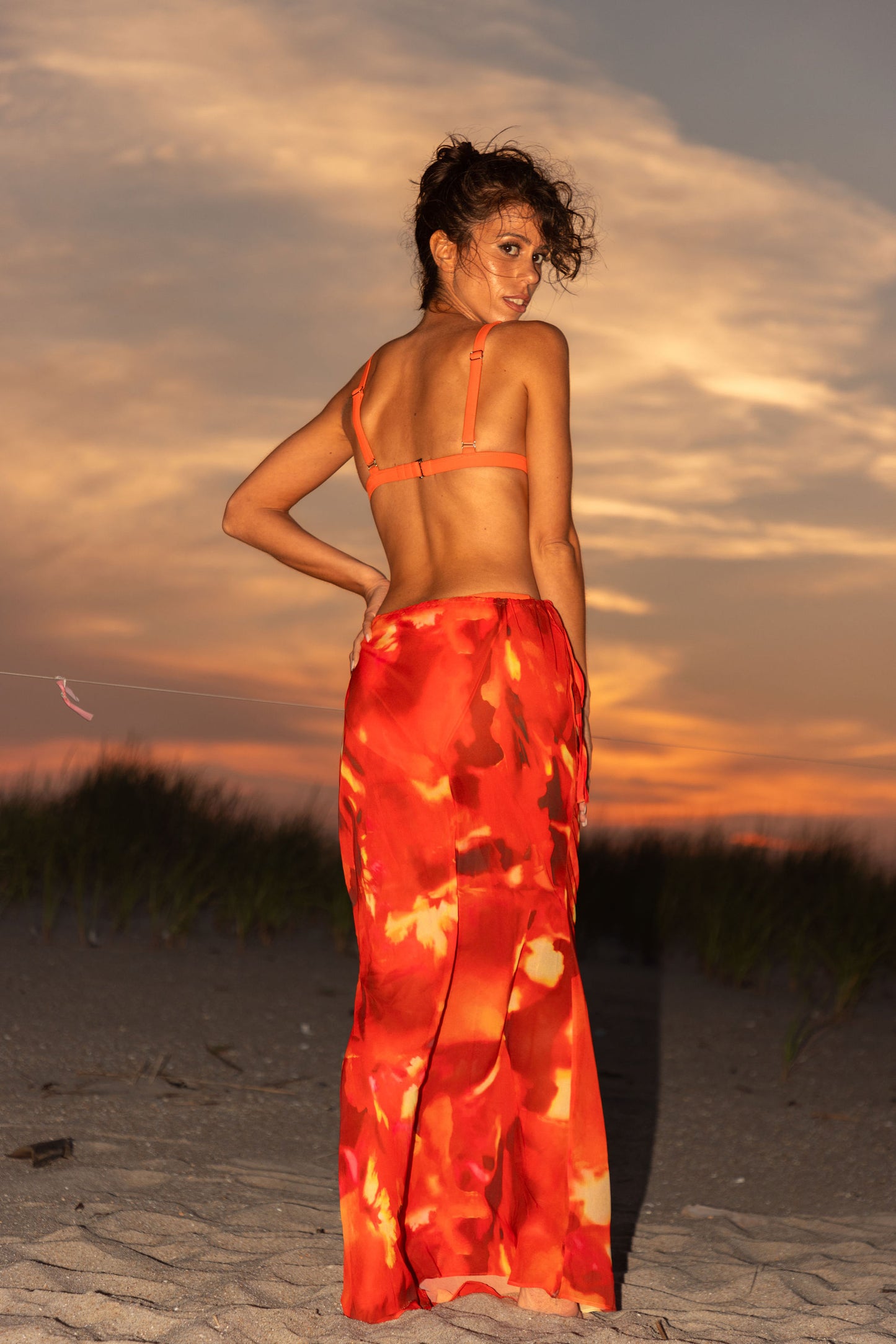 Orange yellow red mulit color skirt cover-up with adjustable draw strings