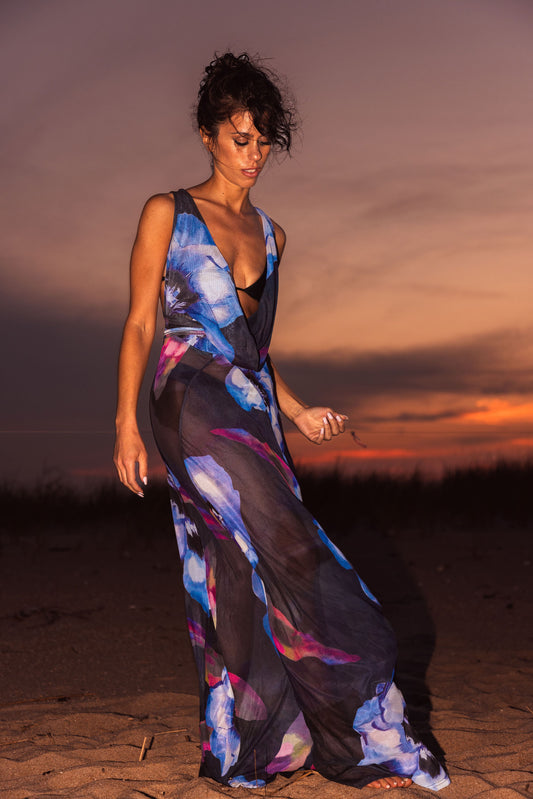 Purple floral print halter open back maxi dress in high quality mesh fabric 