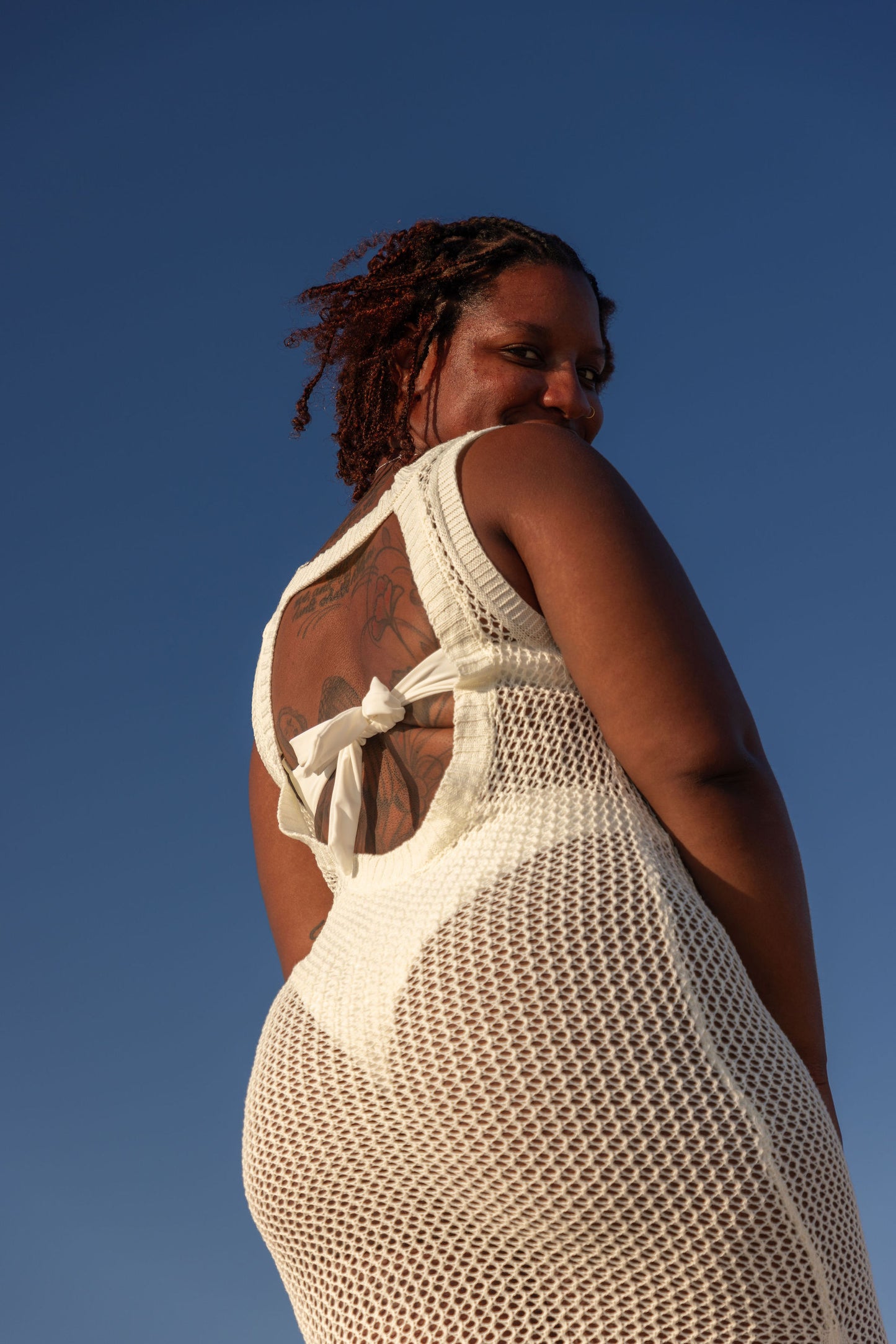 Ivory white Open-knit crochet cover-up dress mid length open back