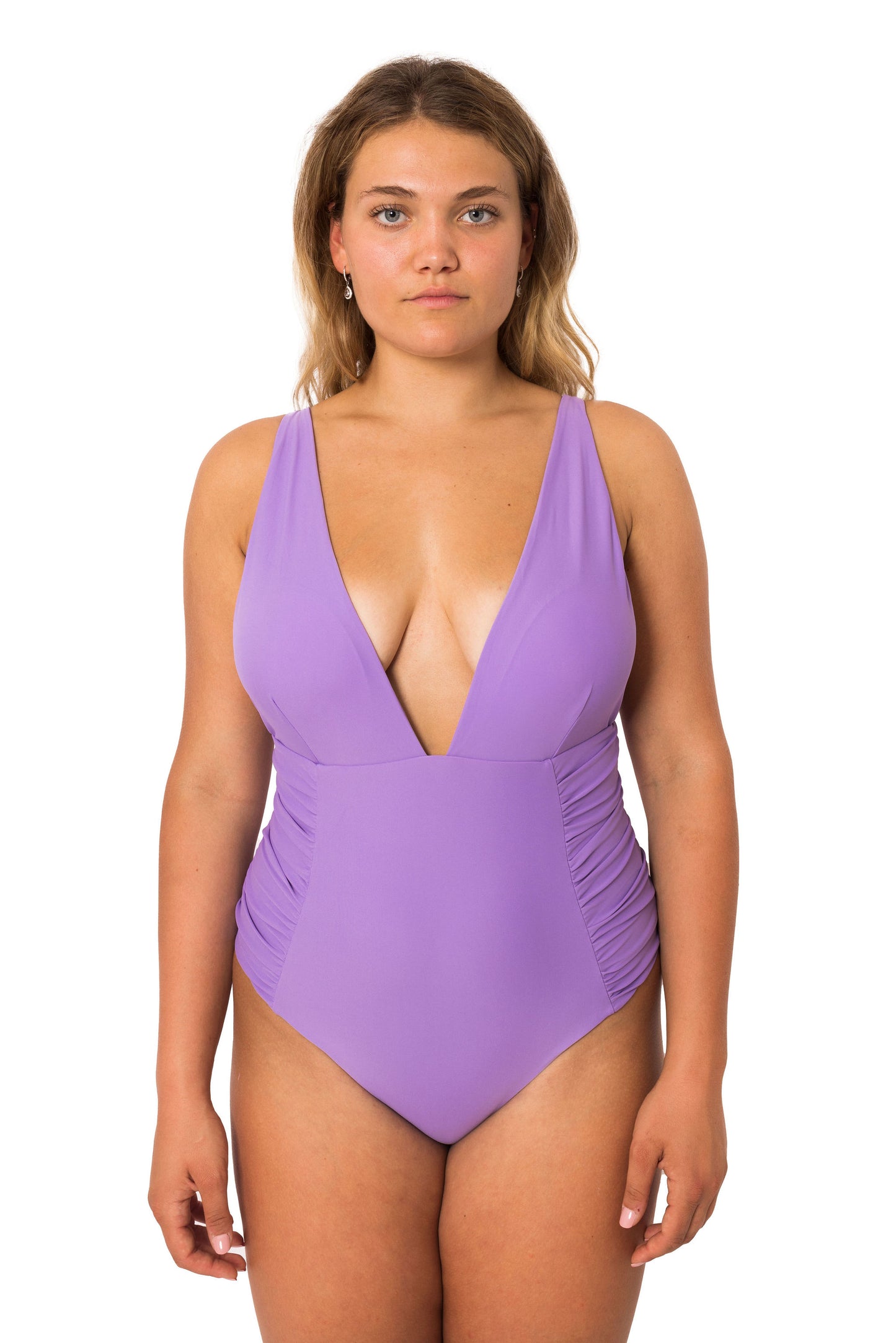 Periwinkle Purple thick strap one-piece bathing suit with adjustable shoulder straps and gold sliders. Full coverage bottom. Flattering on curvier women. Size XS - XL