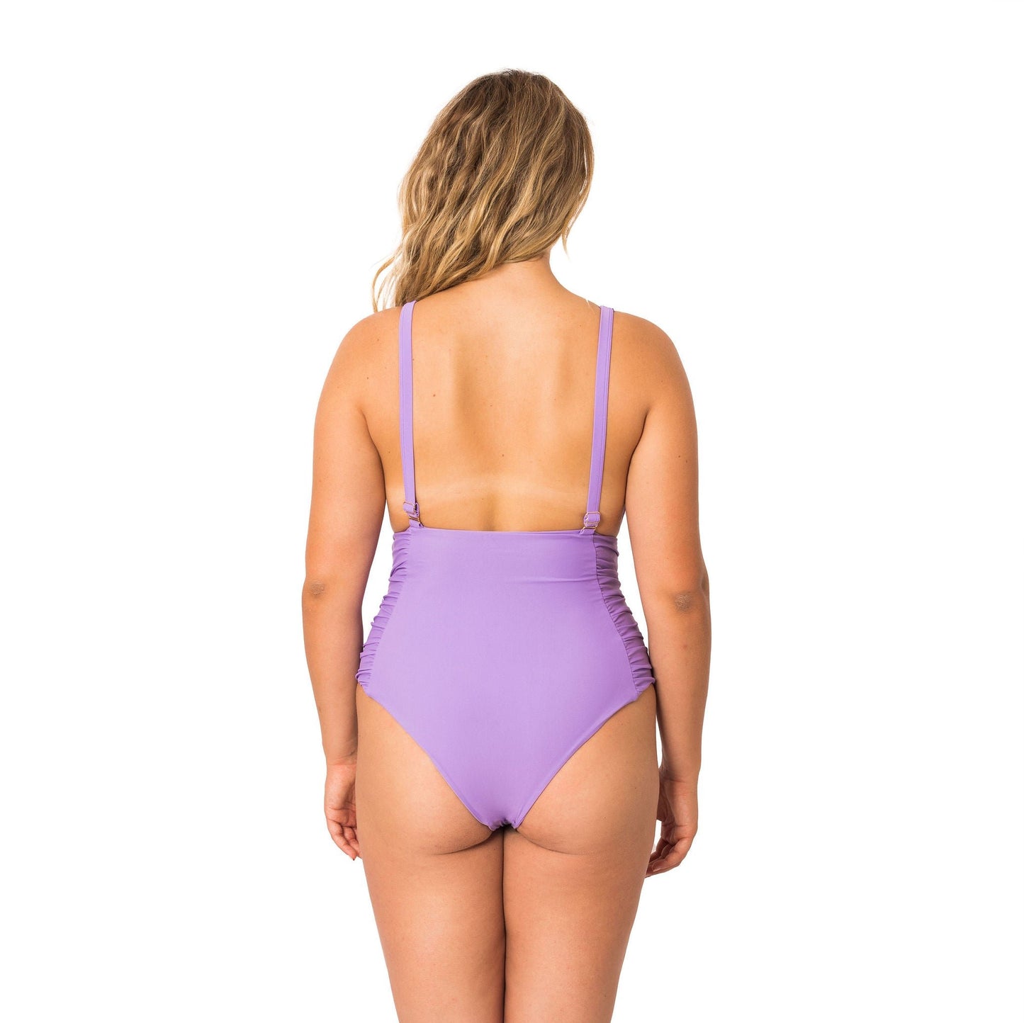 Periwinkle Purple thick strap one-piece bathing suit with adjustable shoulder straps and gold sliders. Full coverage bottom. Flattering on curvier women. Size XS - XL