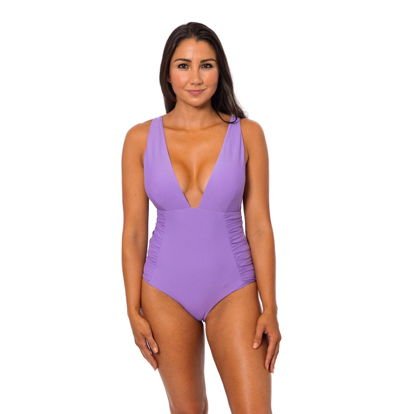 Woman's one-piece bathing suit in periwinkle Purple with Deep V neckline, ruching on the side, adjustable straps and cheeky to moderate coverage