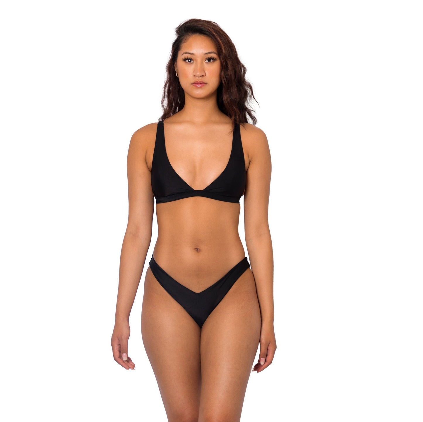 Seamless black over the shoulder triangle bathing suit bikini top in black.