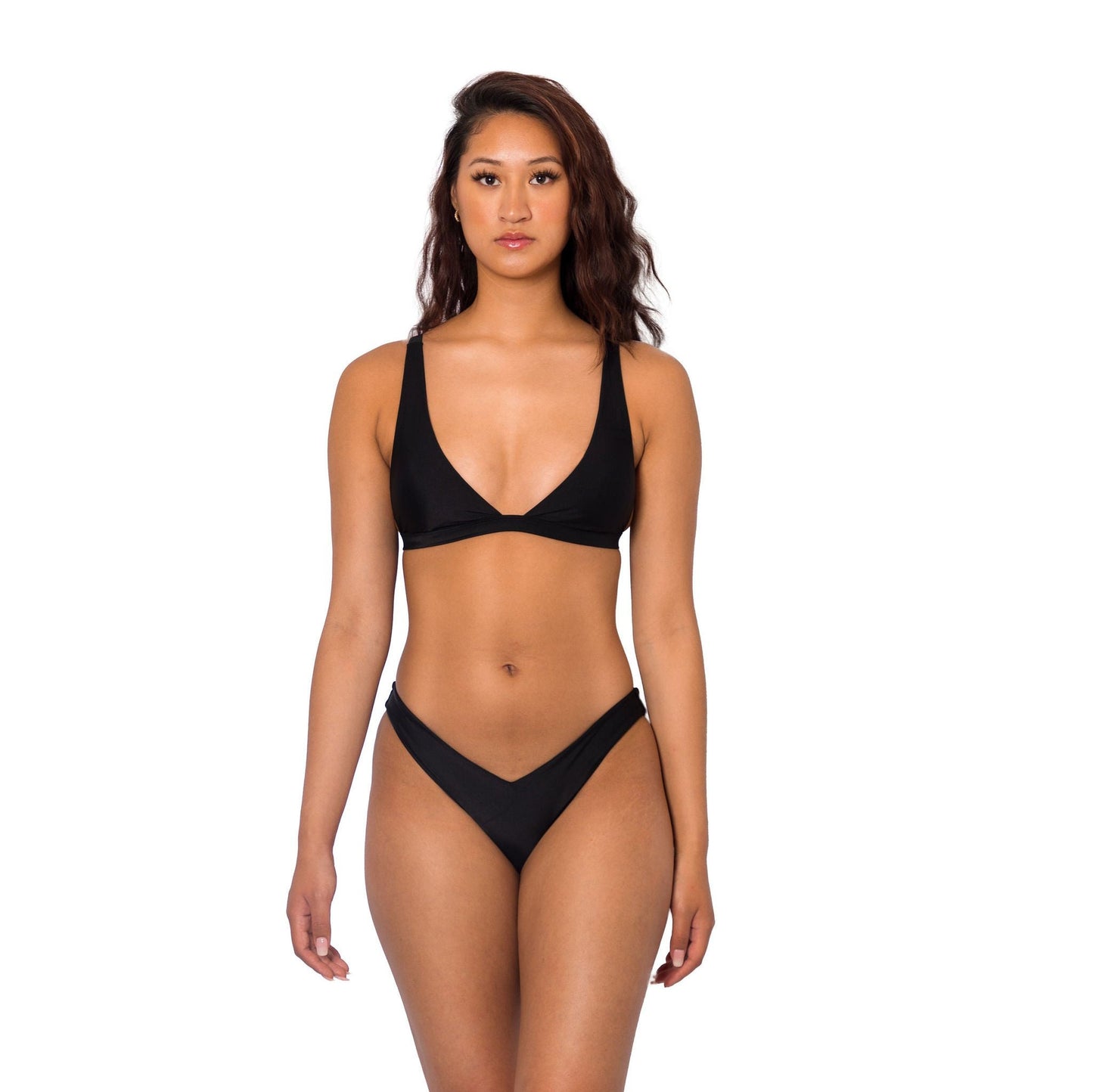 Black flattering bralette bikini top and V front bottom full to moderate coverage