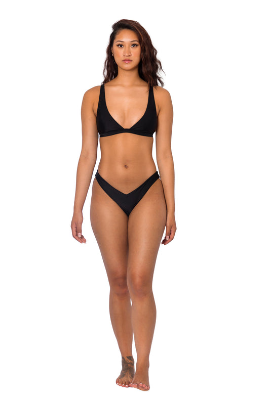 Black flattering bralette bikini top and V front bottom full to moderate coverage 