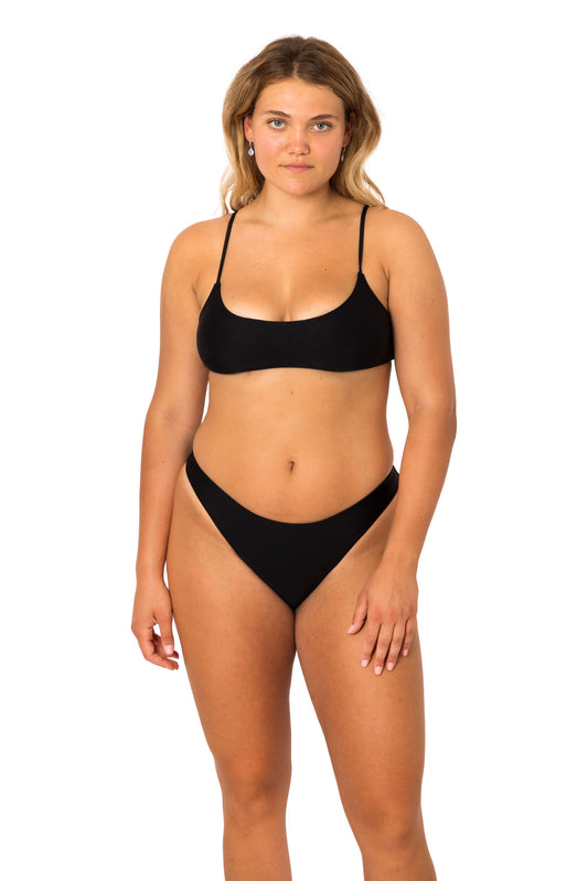 Black flattering bralette bikini top and seamless cheeky coverage. High quality ultra soft fabric