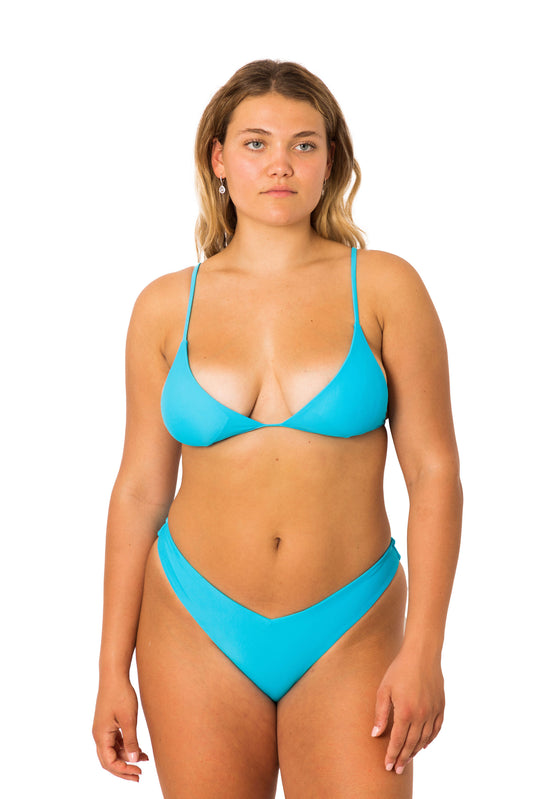 Timeless Sky blue turquoise minimal coverage bralette bikini top with V front full to moderate coverage bottom 